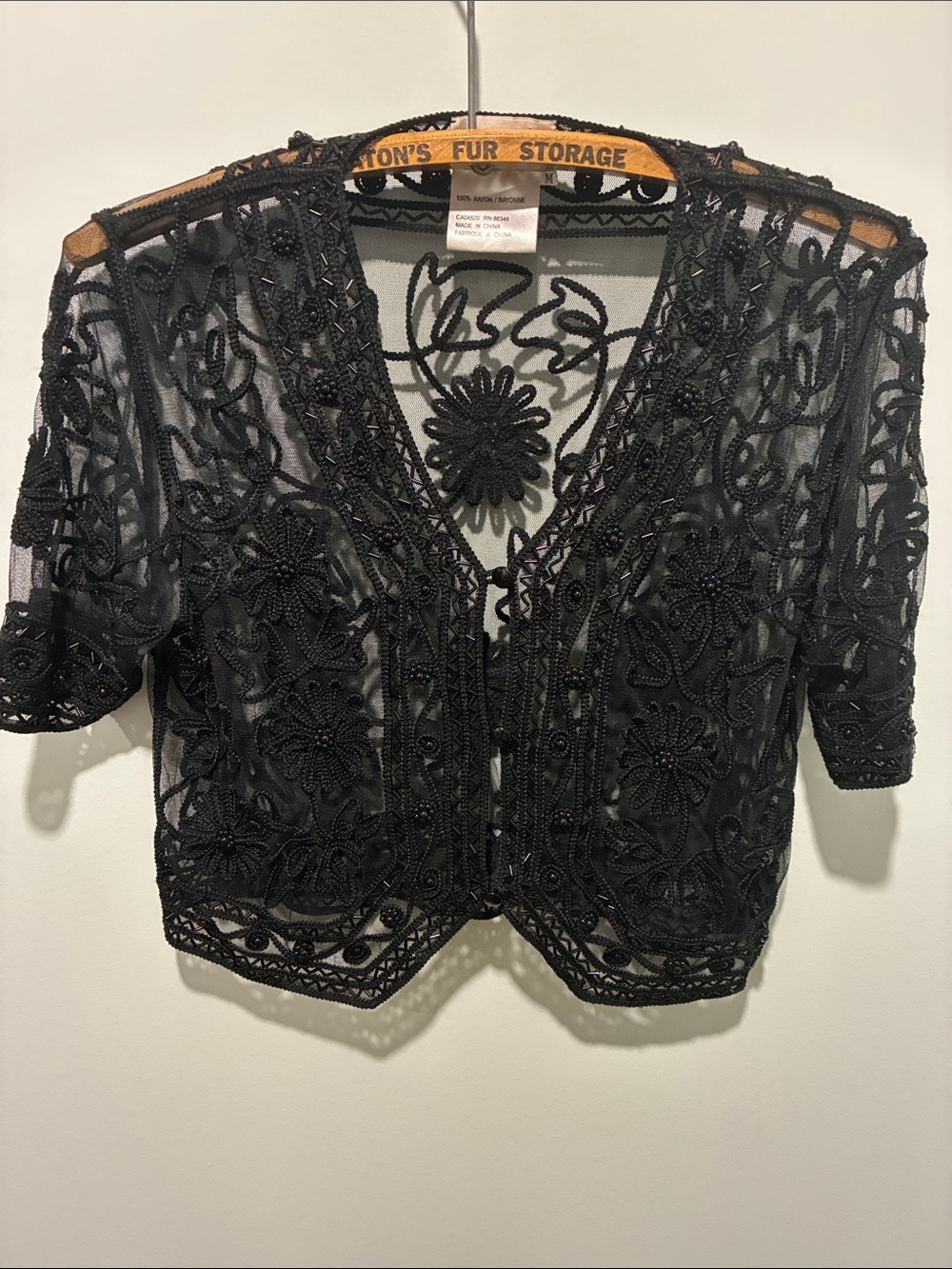 VALENTI Sheer Black Embroidered Lace Beaded Floral Bolero Jacket Shrug Size M